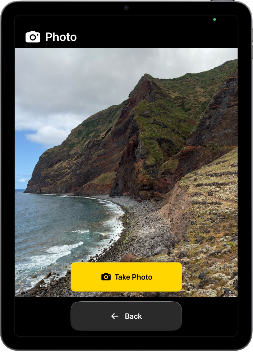 An iPad in Assistive Access showing the Camera app open with one large button for taking a photo and another large button for going back to the previous screen.