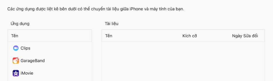 Cửa sổ Tệp đang hiển thị các ứng dụng có thể đồng bộ hóa với một thiết bị.