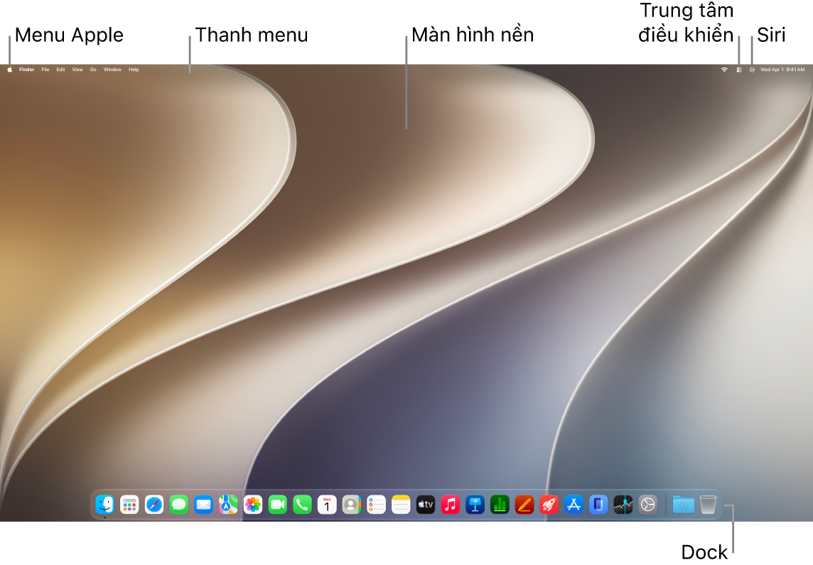 Màn hình nền máy Mac với thanh menu ở cạnh trên của màn hình và Dock ở cạnh dưới.