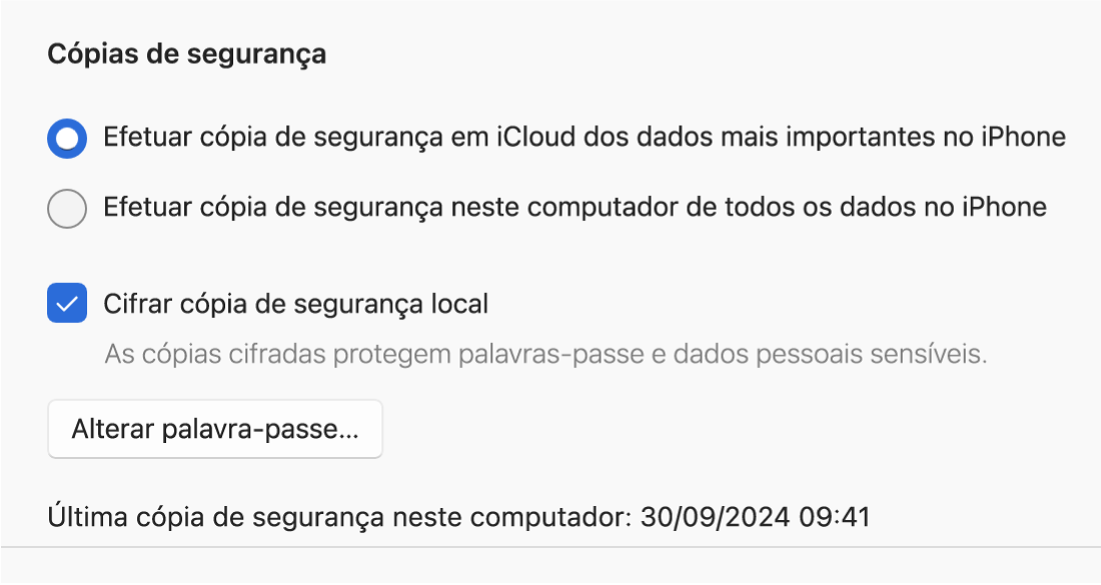 Uma janela de Dispositivos Apple a mostrar opções para fazer uma cópia de segurança e restaurar um dispositivo Apple.