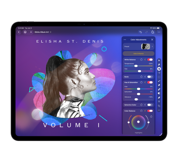 An iPad displaying the Pixelmator Pro app window.