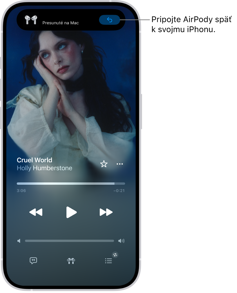 Zamknutá obrazovka na iPhone so správou „Presunuté na Mac“ vo vrchnej časti obrazovky a&nbsp;tlačidlom na prepnutie AirPodov späť na iPhone.