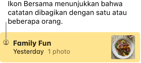 Catatan yang telah dibagikan dengan orang lain, dengan ikon Bersama di sebelah kiri nama catatan.
