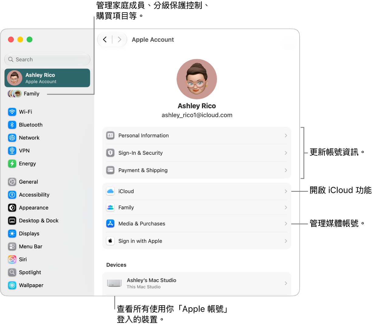 「系統設定」中的「Apple 帳號」設定包含更新帳號資訊、開啟或關閉 iCloud 功能、管理媒體帳號以及調整「家人共享」設定，如管理家庭成員、分級保護控制、購買項目和更多內容的說明框。