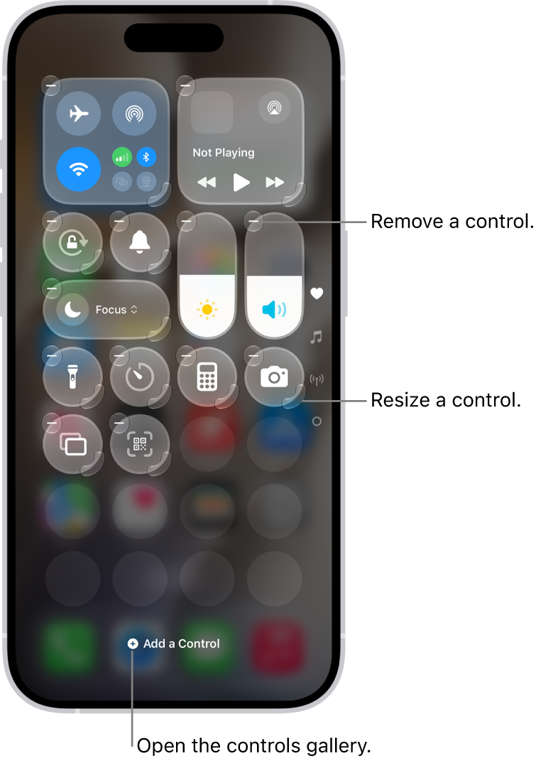 Control Center being edited, with a Remove button and resize handle on every control.