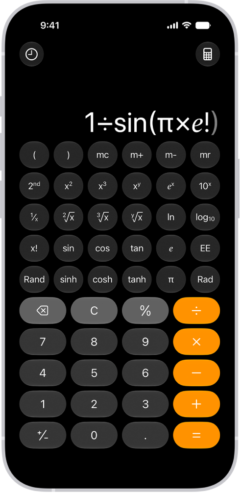 iPhone showing the scientific calculator with memory, exponential, logarithmic, and trigonometric functions.