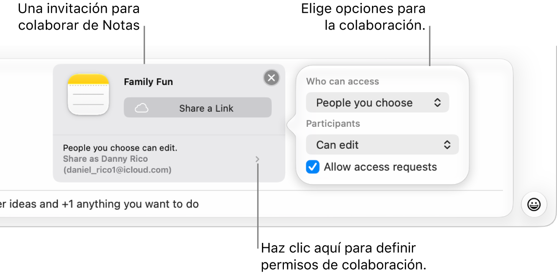 Un acercamiento del campo de mensaje de texto en la parte inferior de la conversación de Mensajes. Hay una invitación para colaborar en una nota. Puedes hacer clic en el lado derecho de la invitación para configurar los permisos de colaboración.