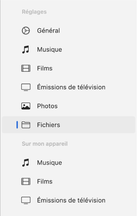 La barre latérale qui affiche l’option Fichiers sélectionnée.