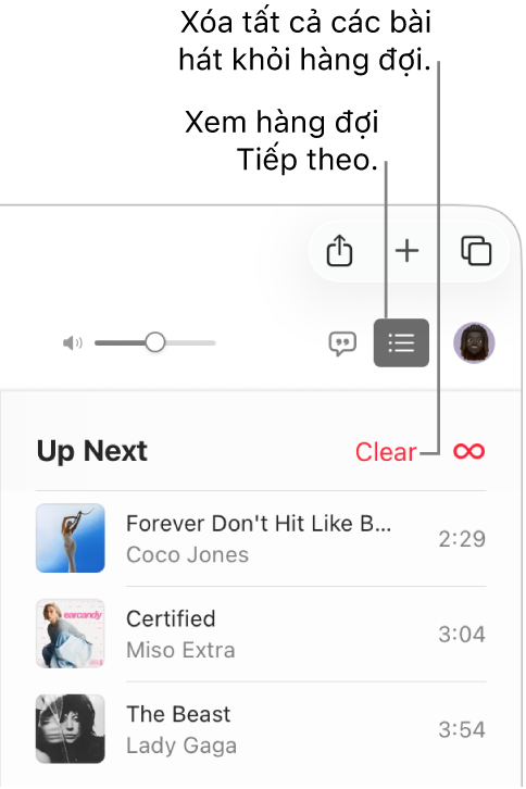 Nút Tiếp theo ở góc trên cùng bên phải của Apple Music được chọn và hàng đợi sẽ hiển thị. Bấm vào liên kết Xóa ở đầu danh sách để xóa tất cả bài hát khỏi hàng đợi.