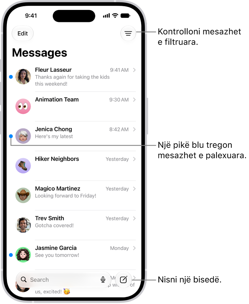 Lista e bisedave të Messages, me butonin Compose në fund. Një pikë blu në të majtë të mesazhit tregon që është i palexuar.