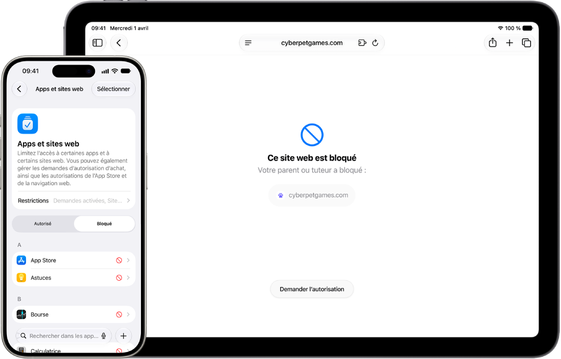 L’iPhone d’un parent affichant les réglages «&nbsp;Apps et sites web&nbsp;» avec une liste de sites web bloqués. L’iPad d’un enfant affichant une page web bloquée sur Safari.