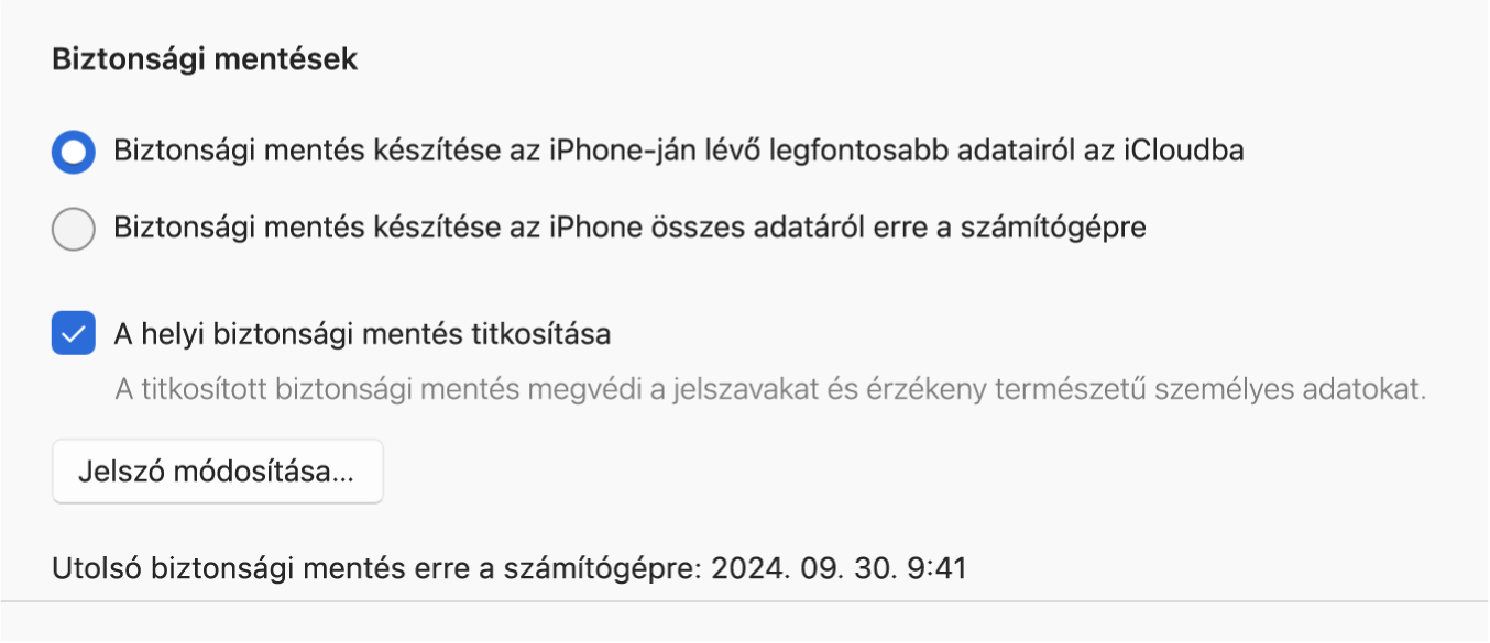 Egy Apple Devices-ablakban egy Apple-eszköz biztonsági mentésének és visszaállításának lehetőségei láthatók.