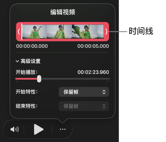 “编辑视频”对话框，显示可修剪的时间线和其他控制。