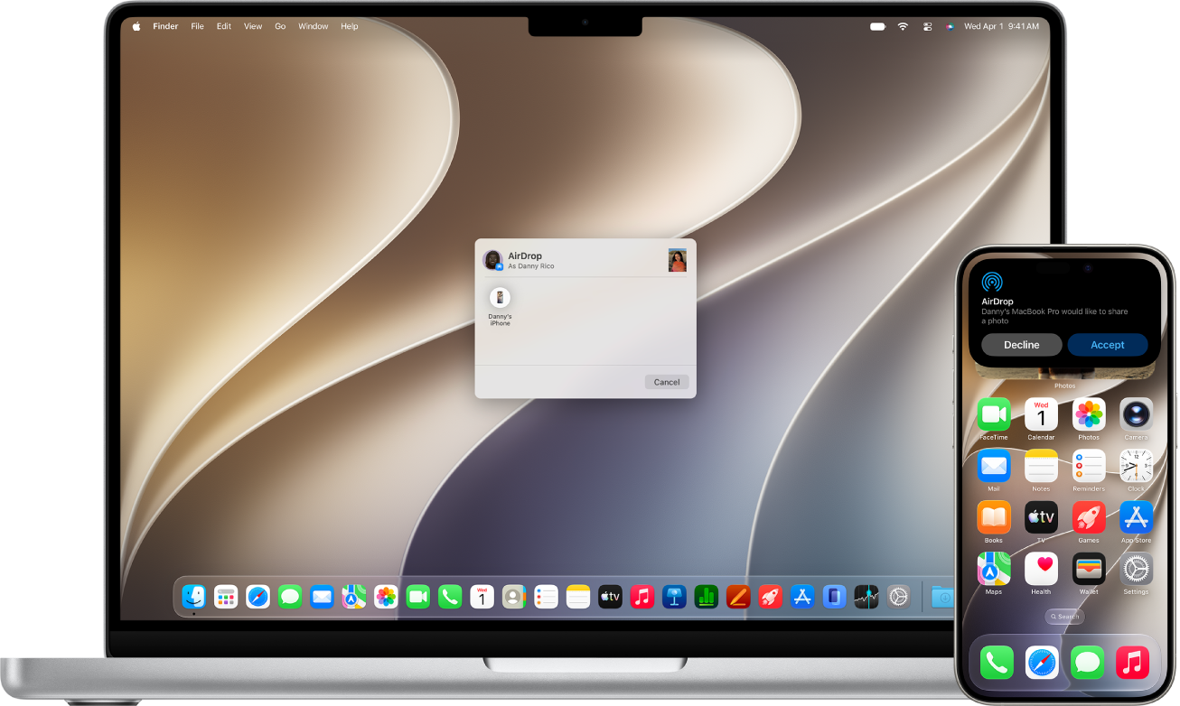 并排显示的 Mac 和 iPhone。隔空投送对话框在 Mac 桌面上打开，准备与 iPhone 共享文稿。iPhone 屏幕显示关于接收文稿的通知。