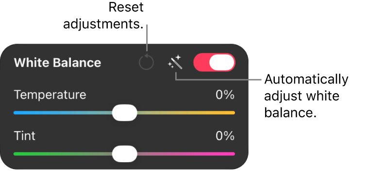 White balance controls in the Color Adjustments pane.