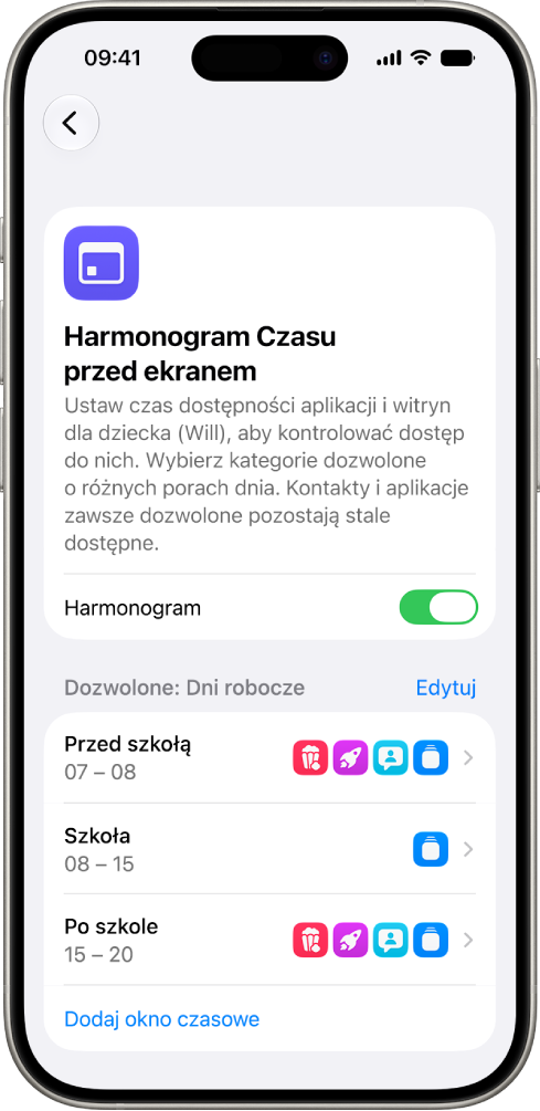 Ekran Harmonogram czasu przed ekranem w&nbsp;funkcji Czas przed ekranem, wyświetlający harmonogram dla dni powszednich z przedziałami czasowymi Przed szkołą, Szkoła oraz Po szkole.