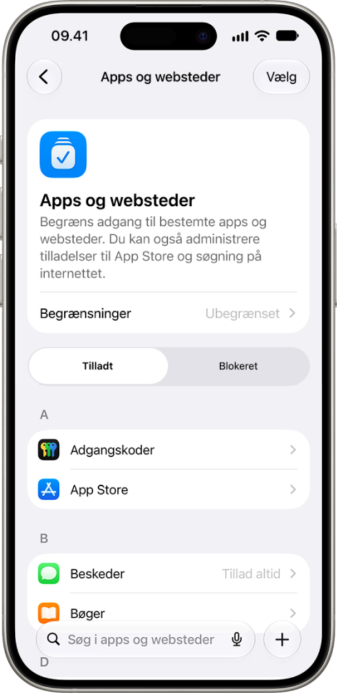 Vinduet Apps og websteder i Skærmtid viser tilladte og blokerende websteder.