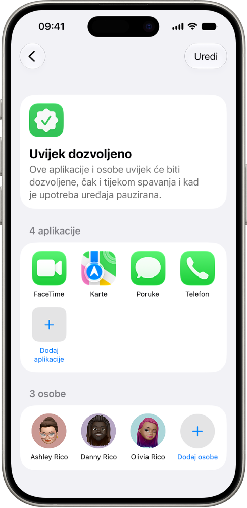 Prozor Uvijek dozvoljeno u postavkama Vremena uporabe zaslona prikazuje aplikacije i kontakte koji su dozvoljeni u svakom trenutku.