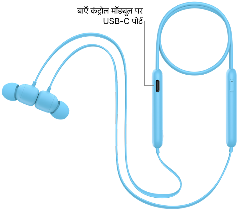 Beats&nbsp;Flex बाएँ कंट्रोल मॉड्यूल के निचले भाग पर USB-C चार्जिंग पोर्ट।