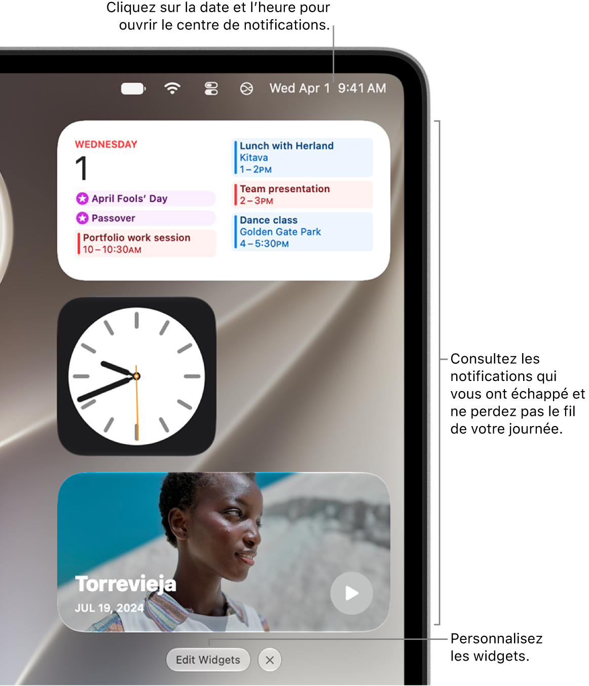 Notifications et widgets dans le centre de notifications.