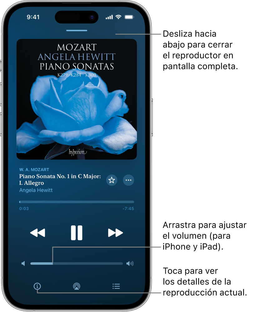 Un iPhone que muestra la pantalla Ahora suena en la Apple Music Classical. En la parte superior de la pantalla hay una barra gris que se puede tocar para ocultar la pantalla Ahora suena y volver a mostrar el mini reproductor. Debajo de la barra están la ilustración del álbum, el nombre de la obra y la línea de tiempo, que indica la duración de la pieza y cuánto tiempo ha transcurrido. En la parte inferior de la pantalla están los botones Retroceder, Pausar y Avanzar, el control de volumen, así como los botones Información, AirPlay y Siguiente.