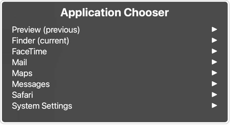 Le sélecteur d’application avec une liste d’applications ouvertes, dont Aperçu et le Finder. Une flèche apparaît à droite de chaque élément de la liste.