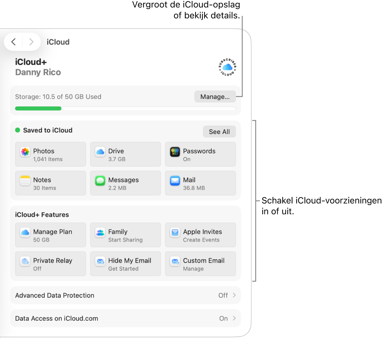 iCloud-instellingen voor de meest gebruikte functies.