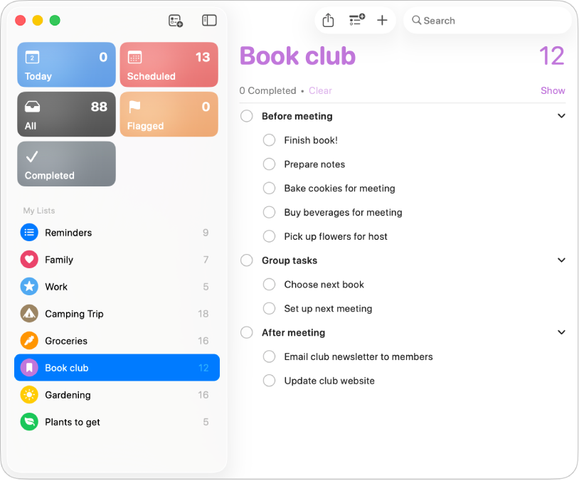 「提醒事項」視窗顯示包含子任務的列表。