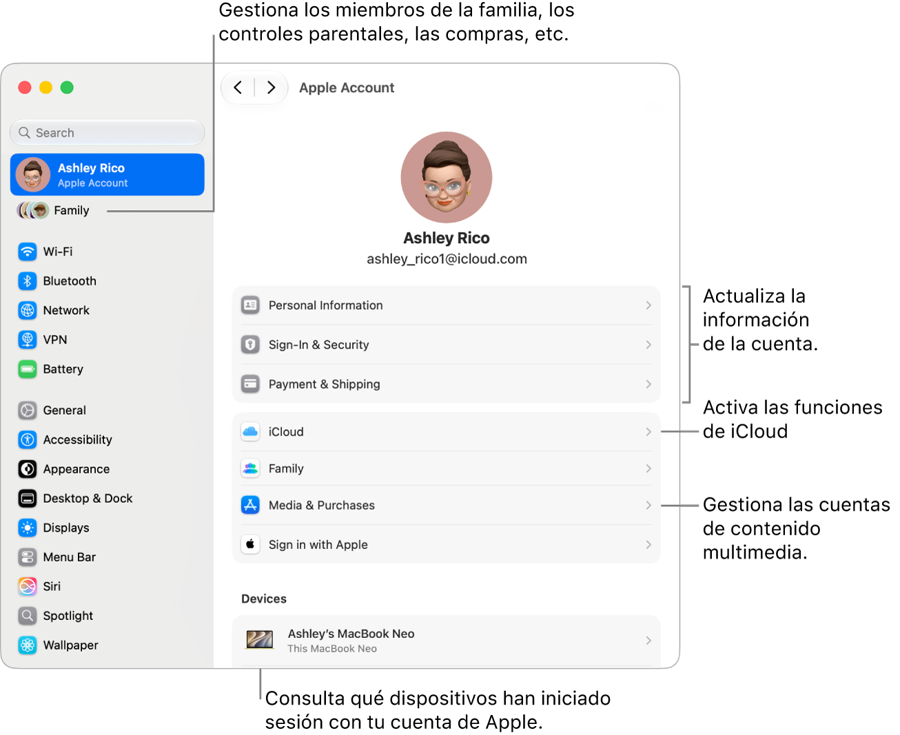 Los ajustes “Cuenta de Apple” en Ajustes del Sistema con indicaciones para actualizar la información de la cuenta, activar o desactivar las funciones de iCloud, gestionar las cuentas de redes sociales y ajustar los ajustes de “En familia”, donde puedes gestionar los miembros de la familia, el control parental, las compras y mucho más.
