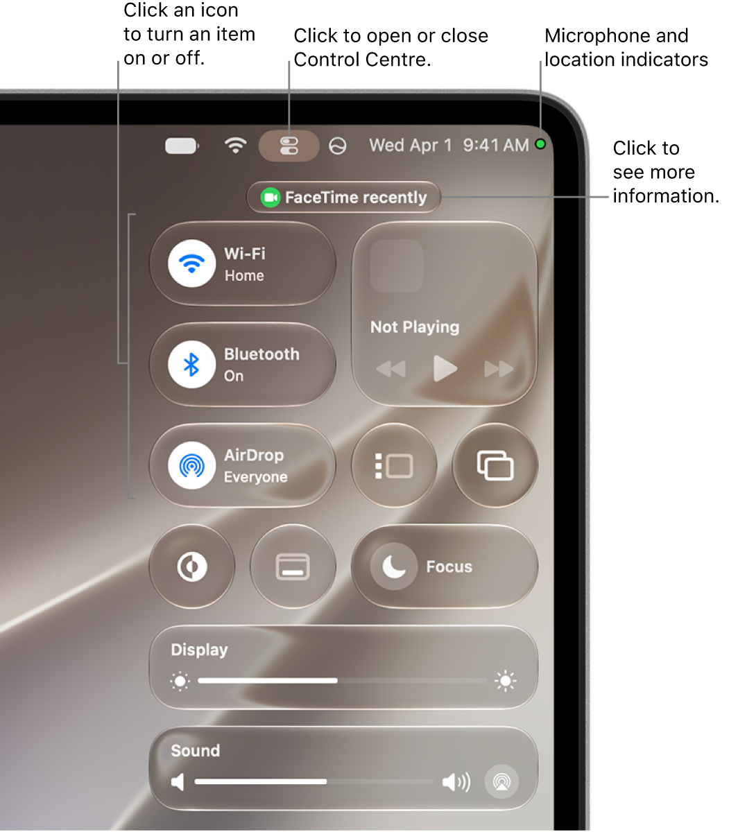 Control Centre in the top-right portion of the screen, showing controls for Wi-Fi, Focus, Sound and Now Playing, among others.
