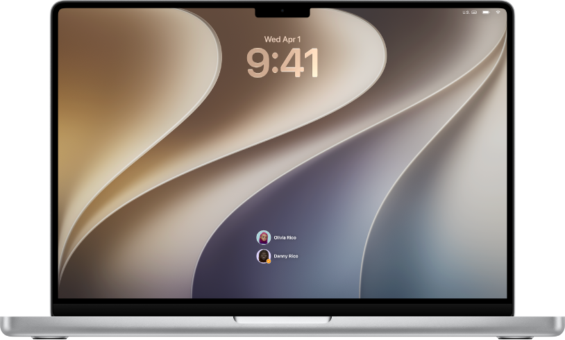A Mac desktop showing the Lock Screen with three user accounts listed at the bottom.
