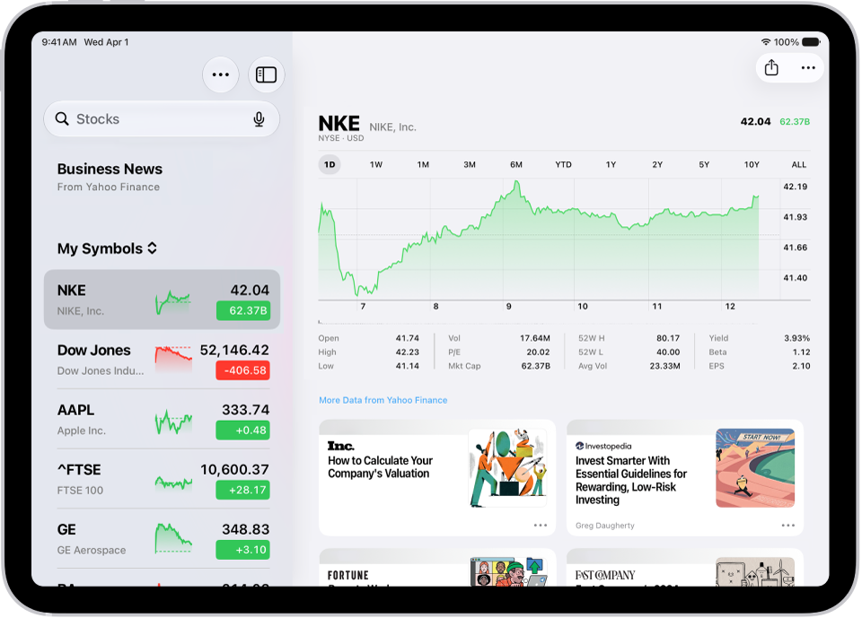 La pantalla de Bolsa en el iPad incluye una gráfica que muestra el rendimiento de un valor durante la mañana. En el lado izquierdo, hay una lista de los símbolos de cotización. Arriba de la gráfica hay botones para mostrar el rendimiento del valor a lo largo de una semana o incrementos mayores de meses y años, hasta 10 años. Debajo del gráfico se muestran detalles de las acciones, como el precio de apertura, el máximo, el mínimo y la capitalzición bursátil, así como enlaces a noticias relacionadas con la empresa.