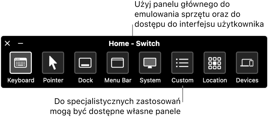 Panel Początek&nbsp;- przełącz. Zawiera następujące przyciski sterujące, od lewej do prawej: Klawiatura, Wskaźnik, Dock, Pasek menu, System, Własne, Miejsce oraz Urządzenia.