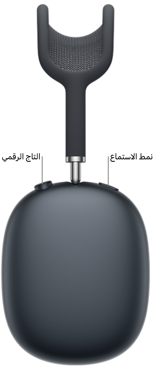 سماعة الرأس اليمنى في AirPods&nbsp;Max&nbsp;2 تعرض التاج الرقمي في أعلى يسار سماعة الرأس وزر نمط الاستماع في أعلى اليمين.