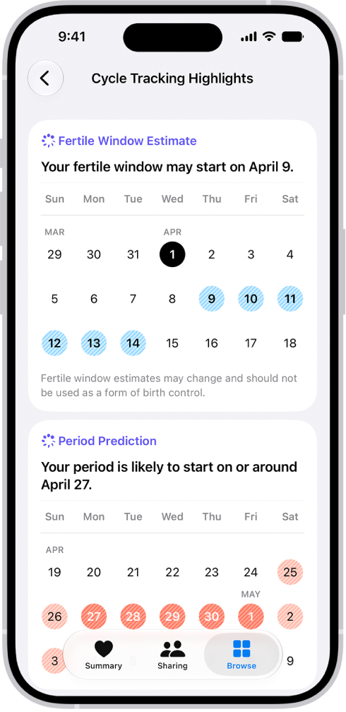 The Cycle Tracking highlights screen in Health showing calendars for fertile window estimates and period predictions.