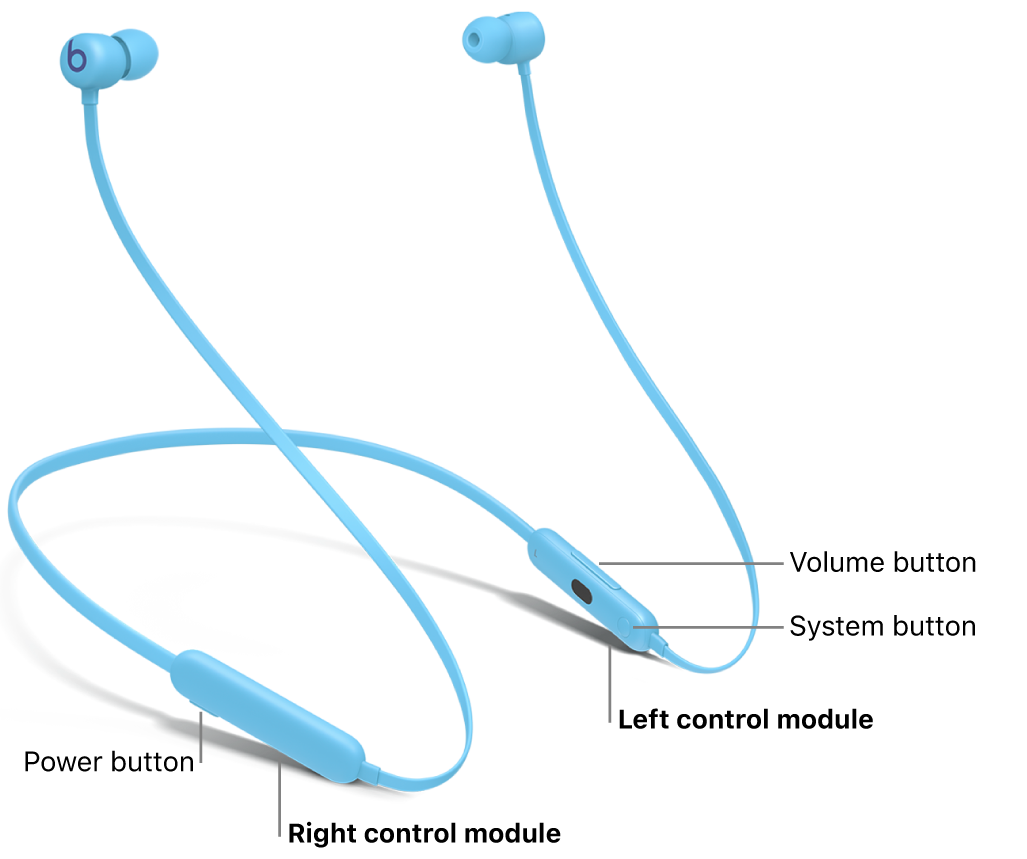 Image of Beats&nbsp;Flex showing the location of the power button on the right control module, and the location of the volume button and system button on the left control module.