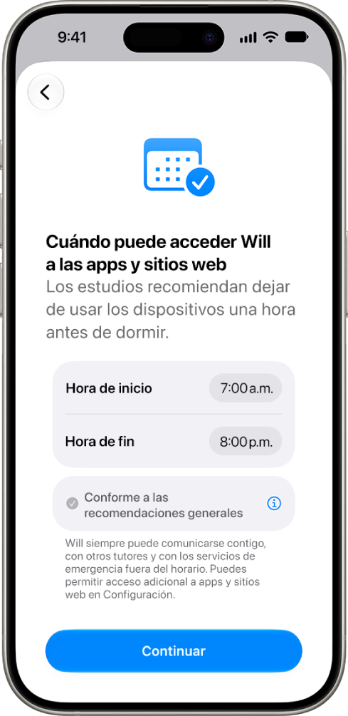 La pantalla de configuración de los controles parentales muestra las horas en que un menor puede acceder a su dispositivo.