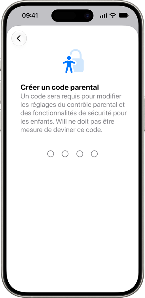 L’écran du contrôle parental affichant l’option de création d’un code de Temps d’écran.