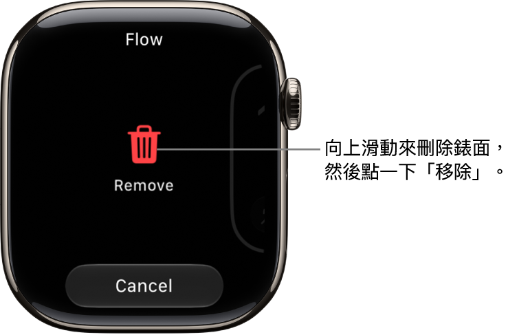 Apple&nbsp;Watch 畫面顯示「移除」和「取消」按鈕，這些按鈕會在你滑動錶面後出現，然後將按鈕向上滑動就會刪除。