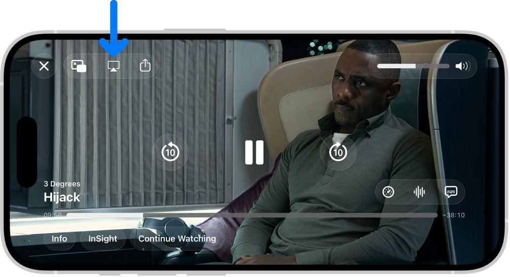 iPhoneの画面で再生中の映画。画面の中央には再生コントロールが表示されています。左上付近にAirPlayボタンがあります。