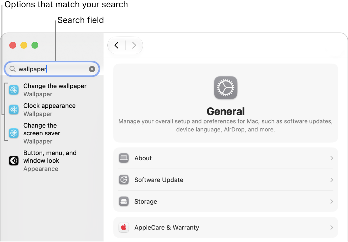 The System Settings window showing “wallpaper” in the search field, and a list of matching search results below the search field.