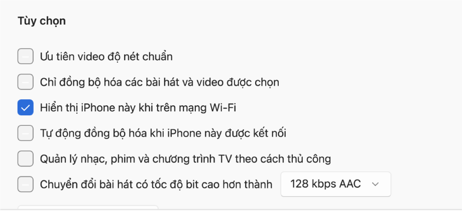 Các tùy chọn đồng bộ hóa để quản lý nội dung.