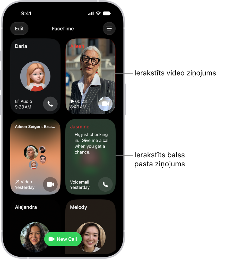 FaceTime zvanu vēsture, kurā redzama ieteicamā kontaktpersona, ierakstītais video ziņojums, balss pasts un FaceTime grupas video zvans.