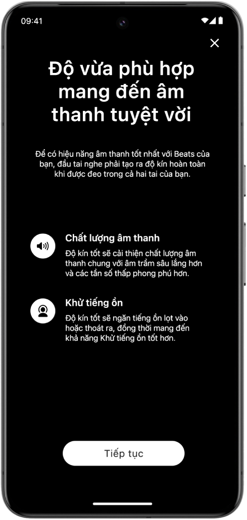 Một màn hình thiết bị Android đang hiển thị Kiểm&nbsp;tra độ&nbsp;vừa&nbsp;vặn của đầu&nbsp;tai&nbsp;nghe.