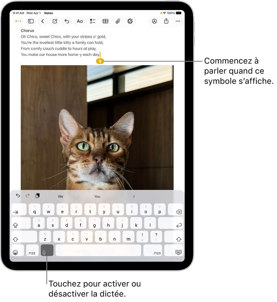 Le clavier à l’écran est ouvert dans l’app Notes. Le bouton Dictée en bas du clavier est sélectionné et le bouton Dictée apparaît sous le point d’insertion dans le champ de texte.