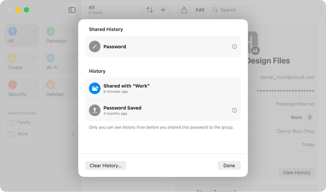 The history of changes to the password for an app account, showing when the password was shared and saved.