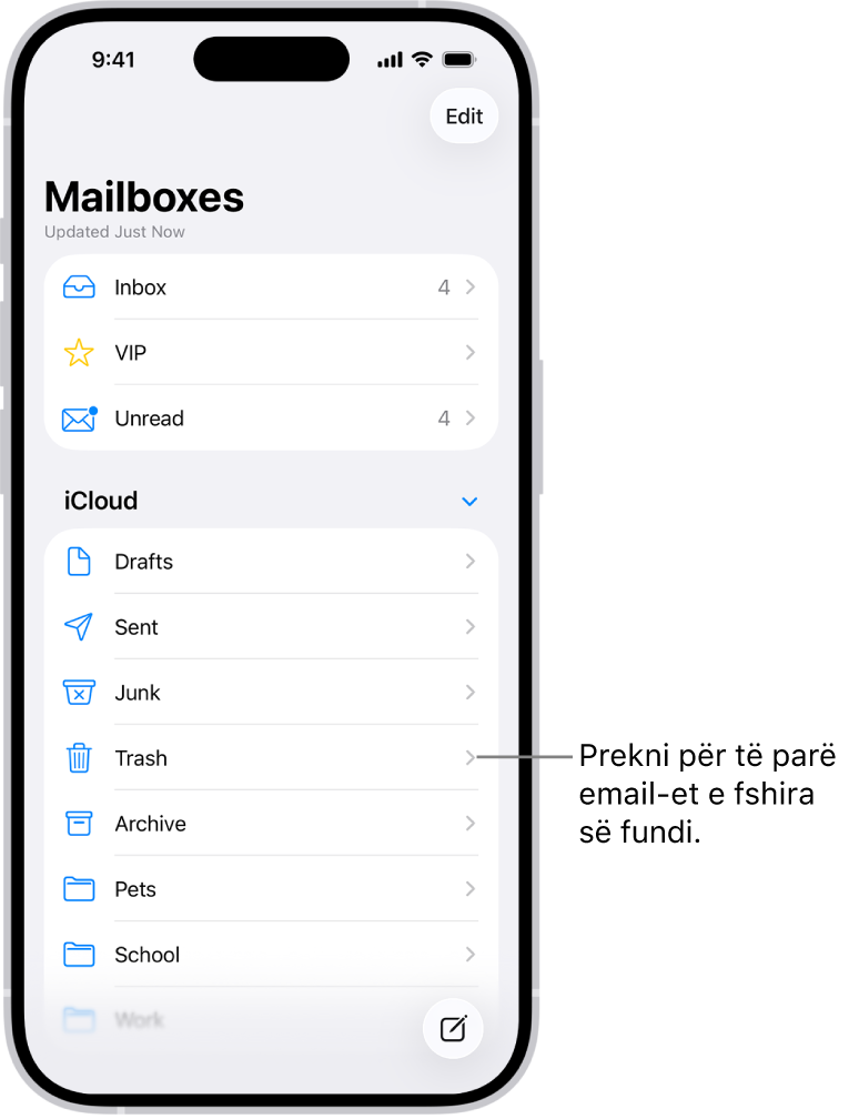 Ekrani Mailboxes. Nën iCloud, kutitë postare janë renditur nga lart poshtë, duke përfshirë kutinë postare Trash. Prekeni atë për të parë emailet e fshira së fundi.