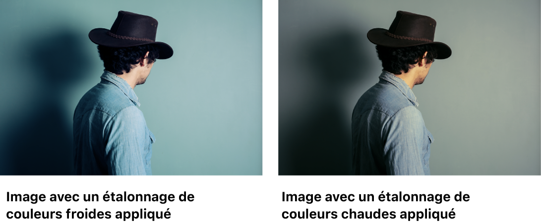 Deux exemples de styles d’étalonnage des couleurs appliqués à une photo d’une personne&nbsp;: couleur froide par rapport à couleur chaude.