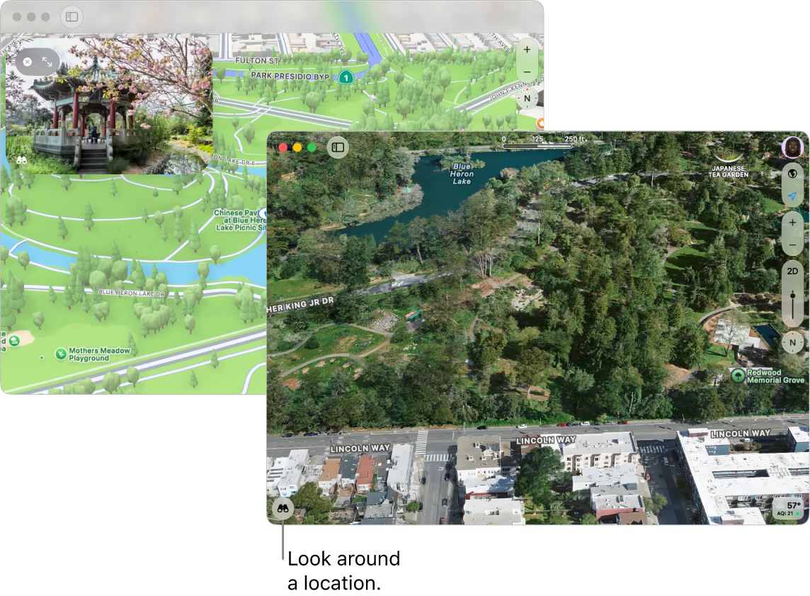 An interactive 360-degree view of a local attraction in San Francisco, with a 3D map in the lower-right corner.