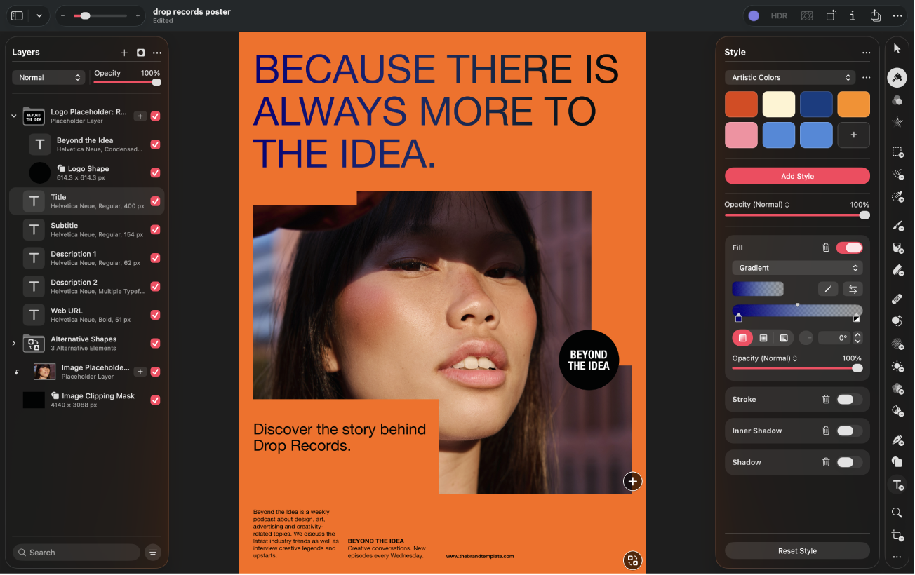 Pixelmator Pro app interface with a graphic design document open.